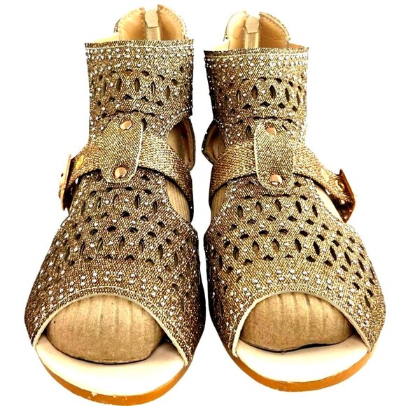 Zapatos De Mujer Gold Glitter Rhinestone Peep Toe Buckle Flat Wedge Sandals US 9 - Picture 1 of 9